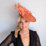 Terracotta dusty coral large flower feather disc fascinator hat