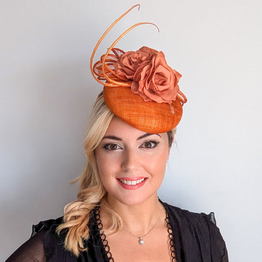 Burnt orange flower fascinator hat