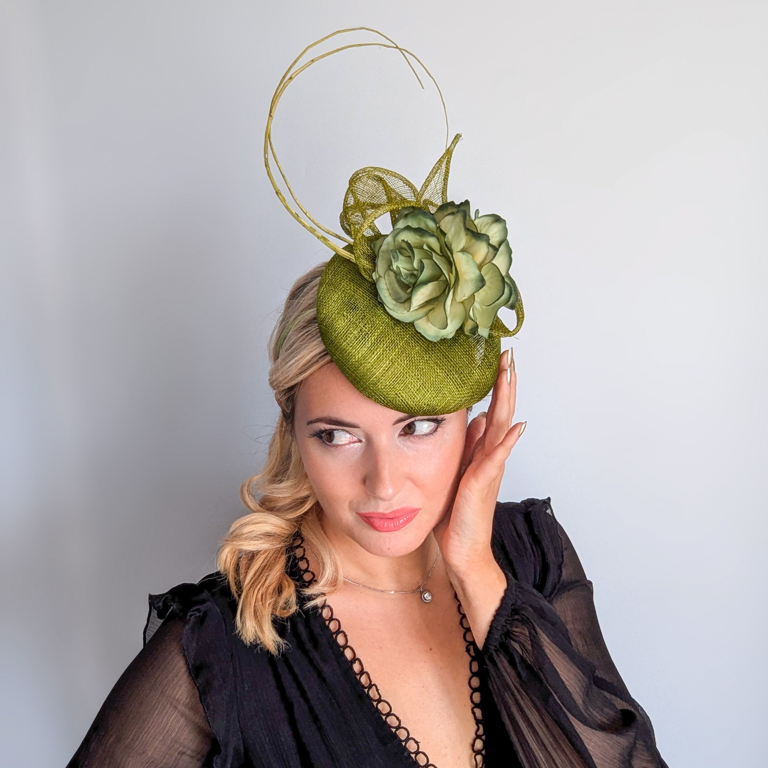 Olive green flower fascinator hat