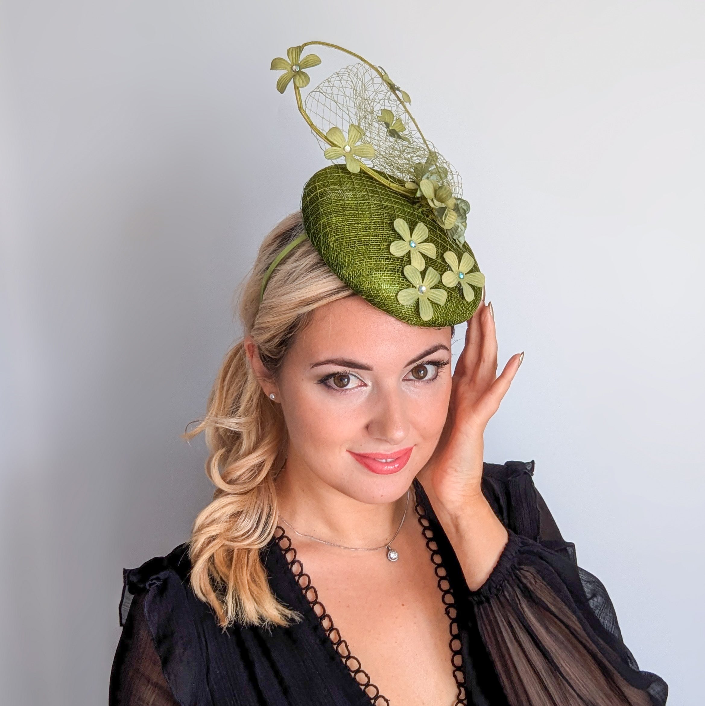 Olive green flower fascinator hat