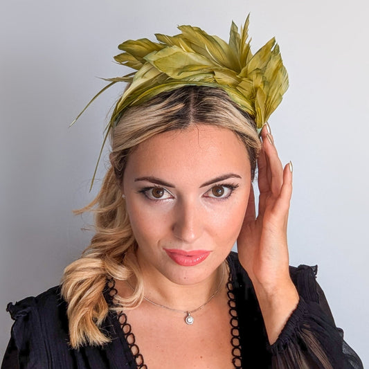 Chartreuse green ombre feather satin headband fascinator