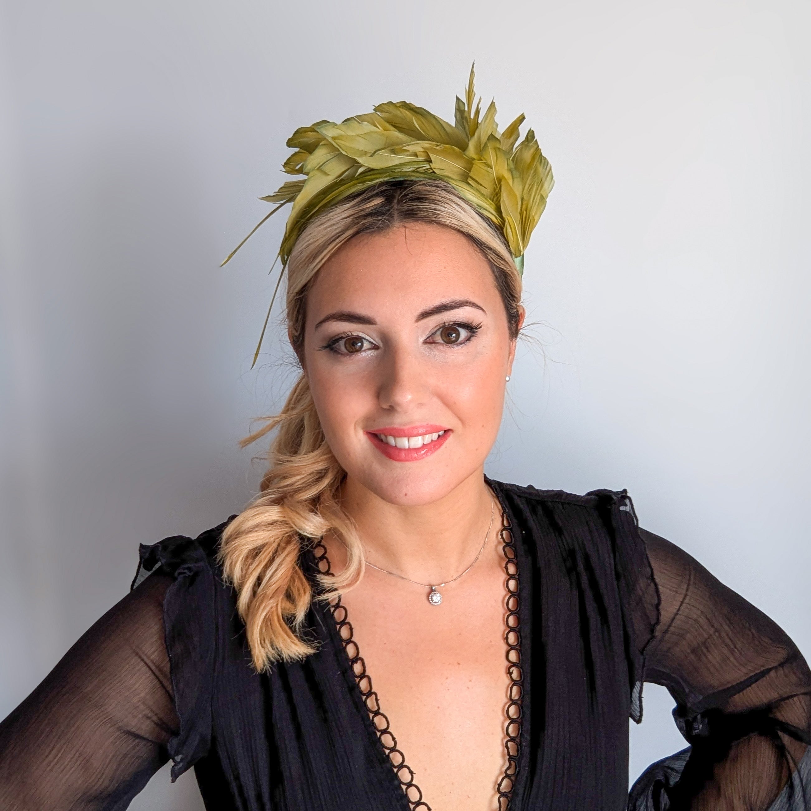 Chartreuse green ombre feather satin headband fascinator