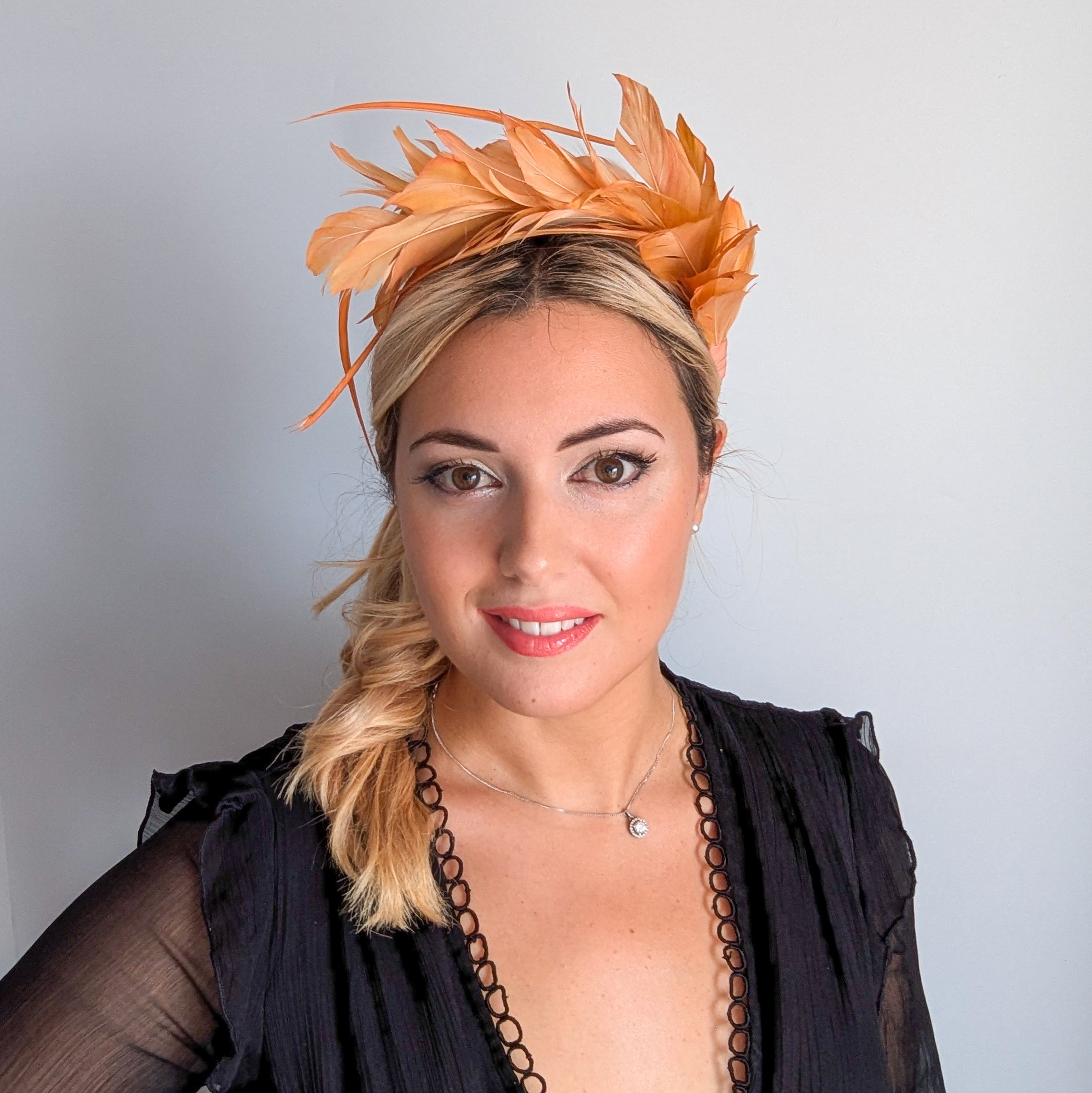 Tangerine orange ombre feather satin headband fascinator