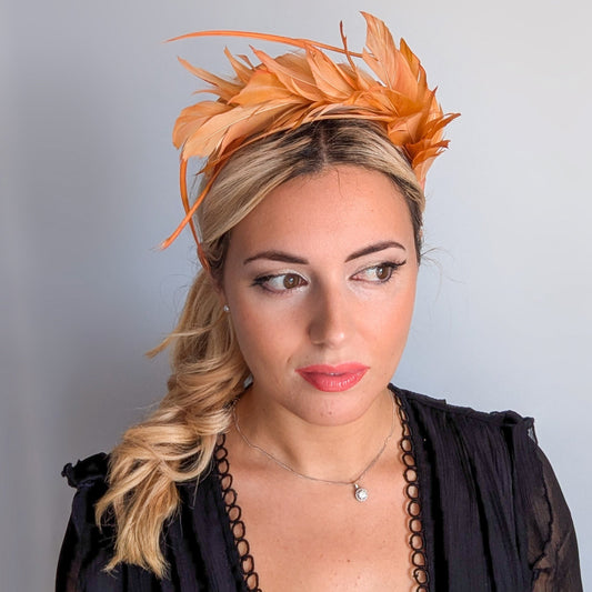 Tangerine orange ombre feather satin headband fascinator