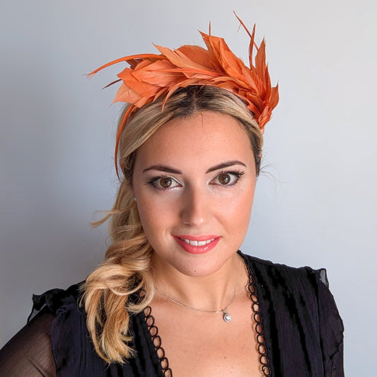Burnt orange feather satin headband fascinator