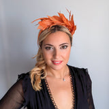 Burnt orange feather satin headband fascinator