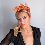 Burnt orange feather satin headband fascinator