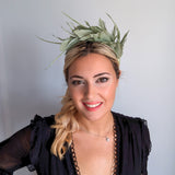 Sage green feather satin headband fascinator