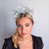 Light aquamarine blue feather satin headband fascinator
