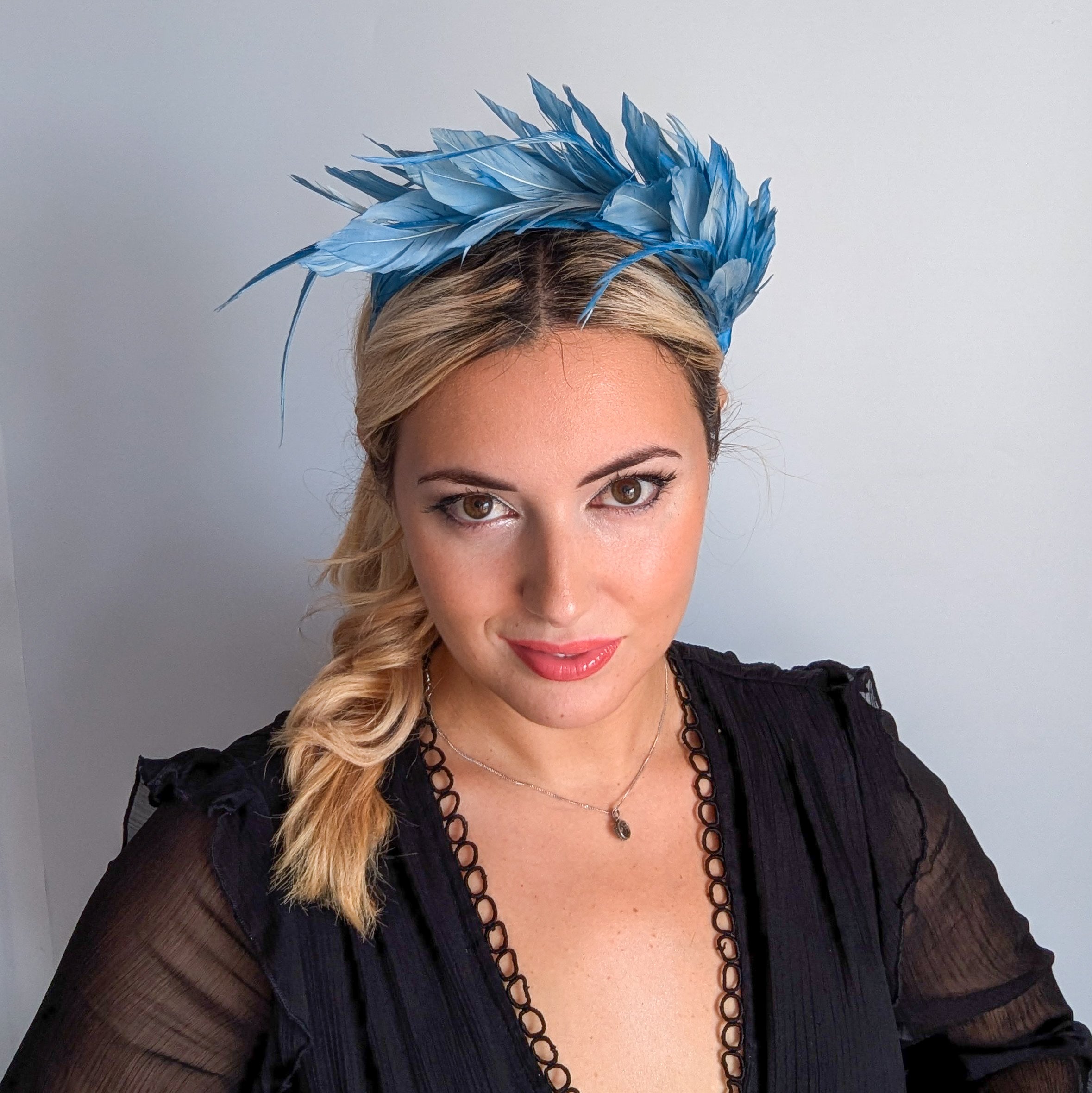 Dusty sea blue feather satin headband fascinator