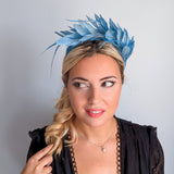Dusty sea blue feather satin headband fascinator