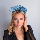 Dusty sea blue feather satin headband fascinator