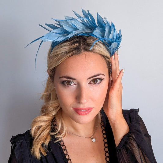Dusty sea blue feather satin headband fascinator