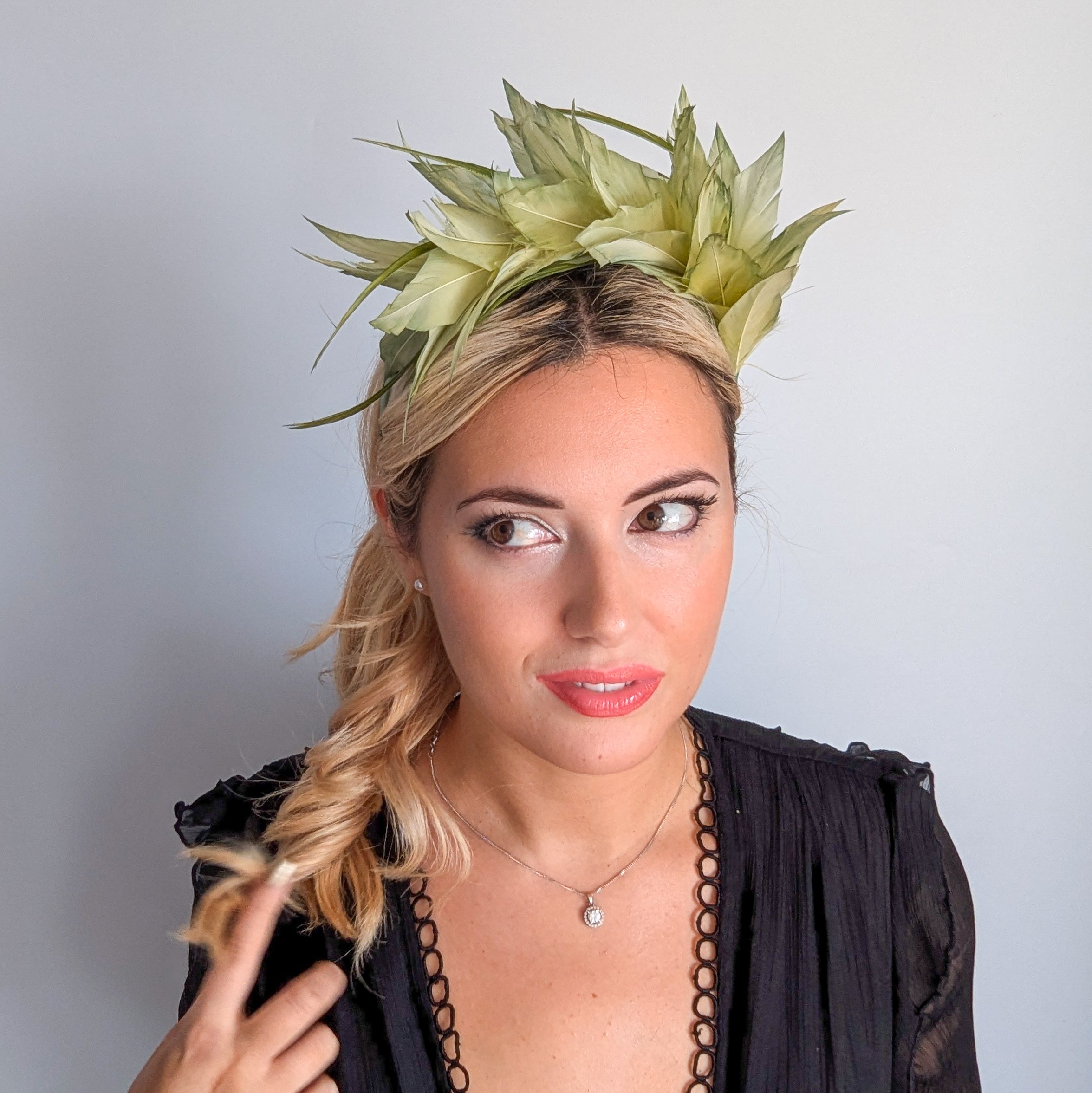 Light green ombre feather satin headband fascinator