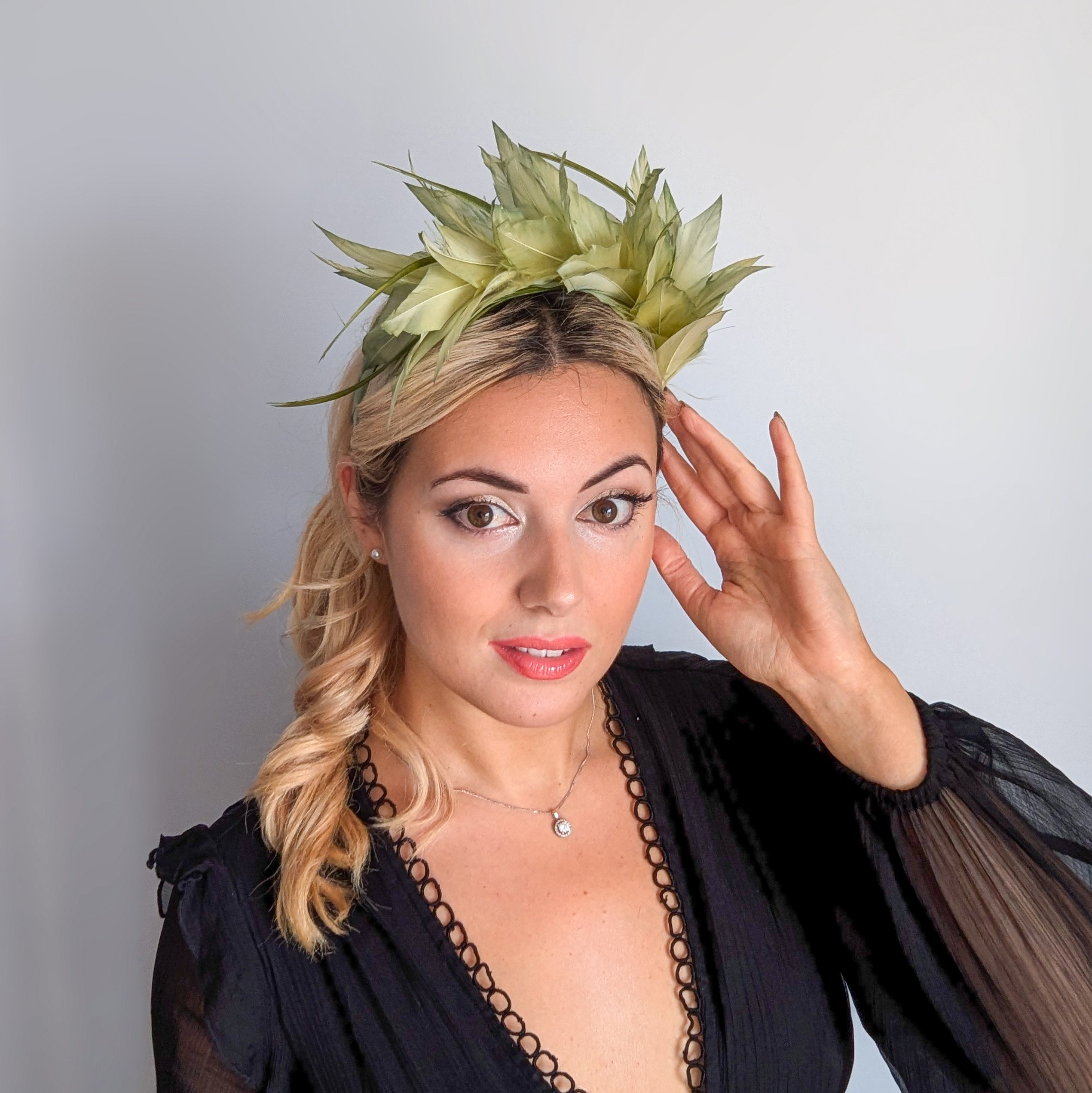 Light green ombre feather satin headband fascinator