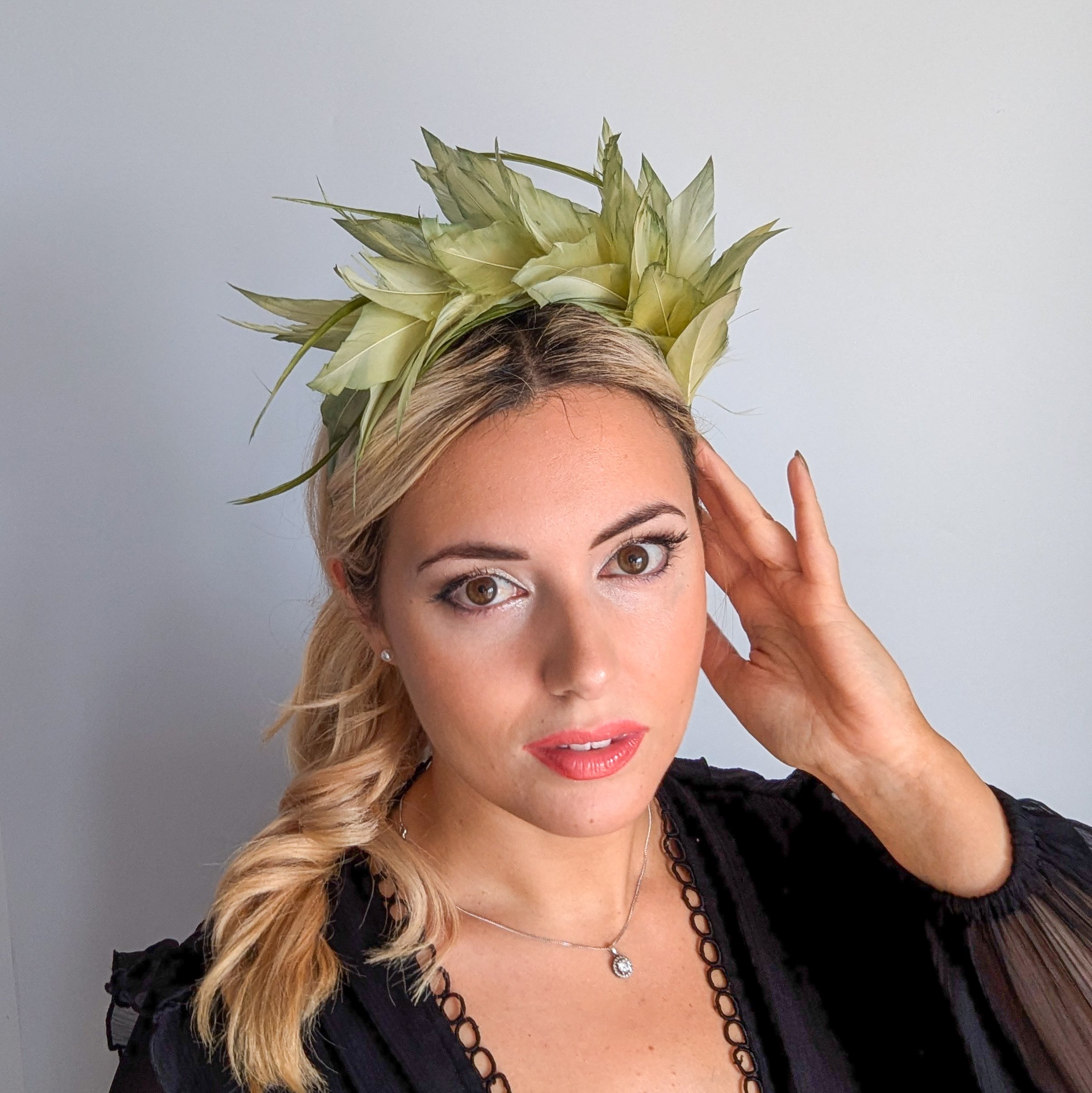 Light green ombre feather satin headband fascinator