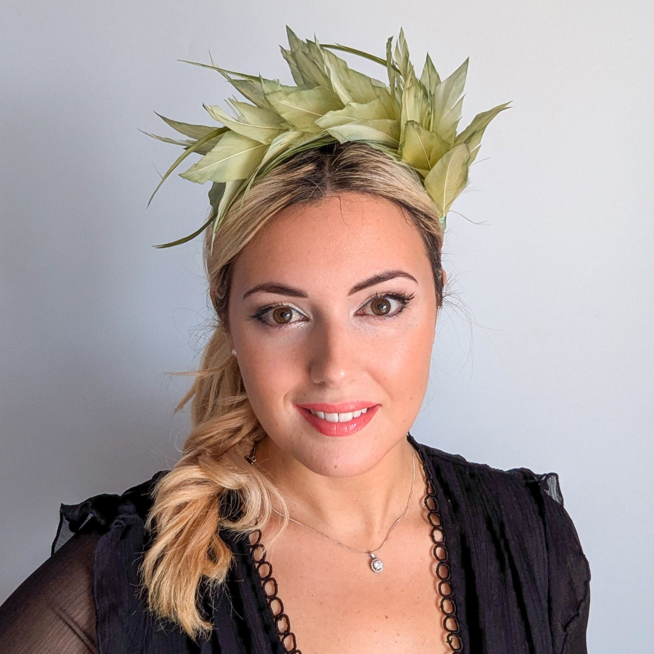 Light green ombre feather satin headband fascinator