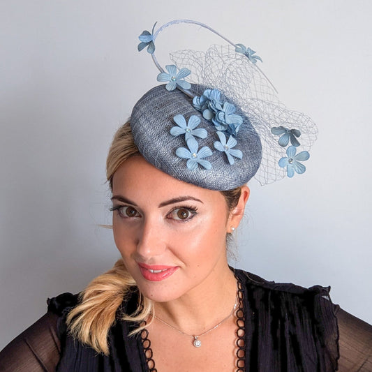 Cool dusty blue flower fascinator hat