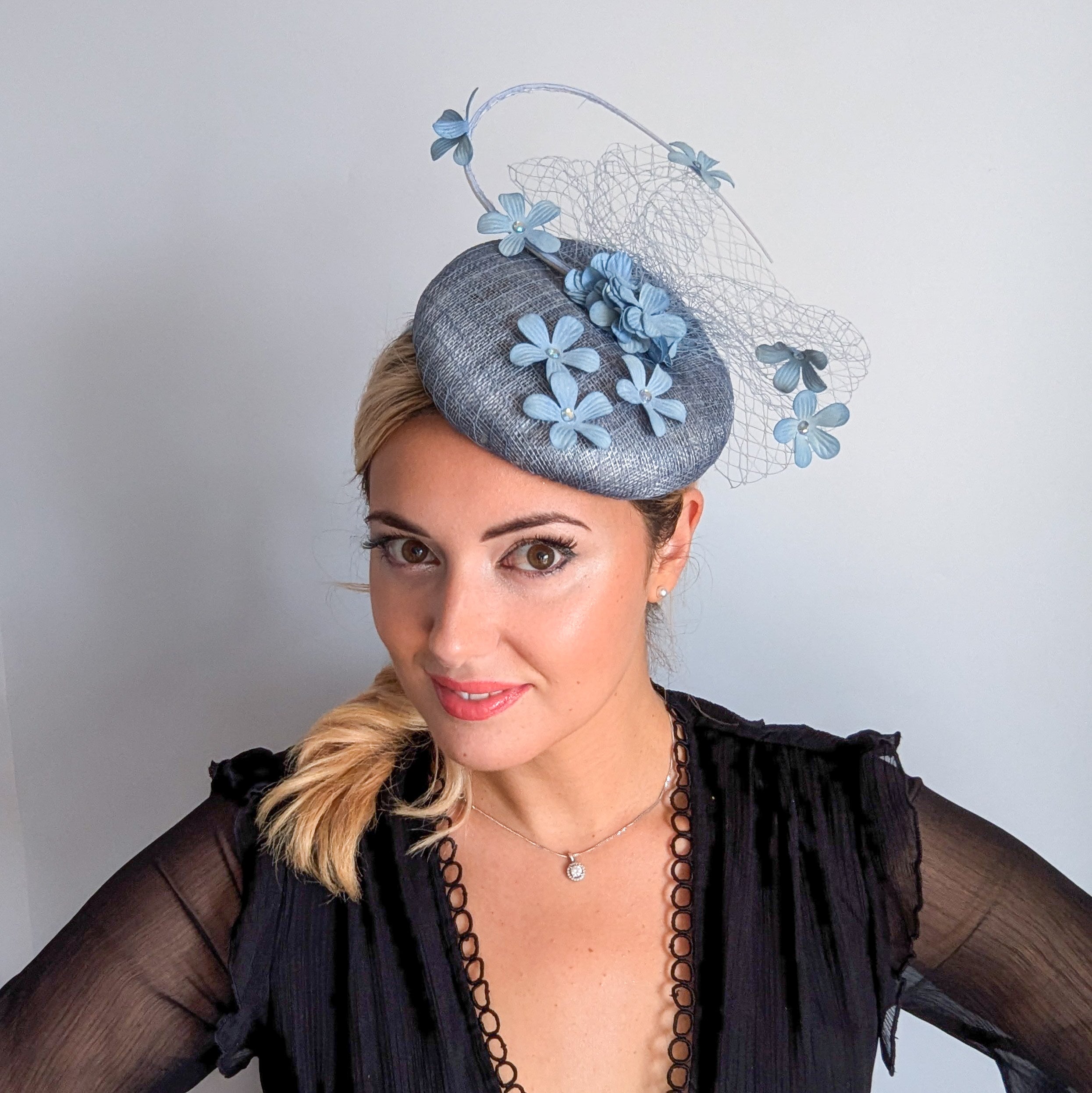 Cool dusty blue flower fascinator hat