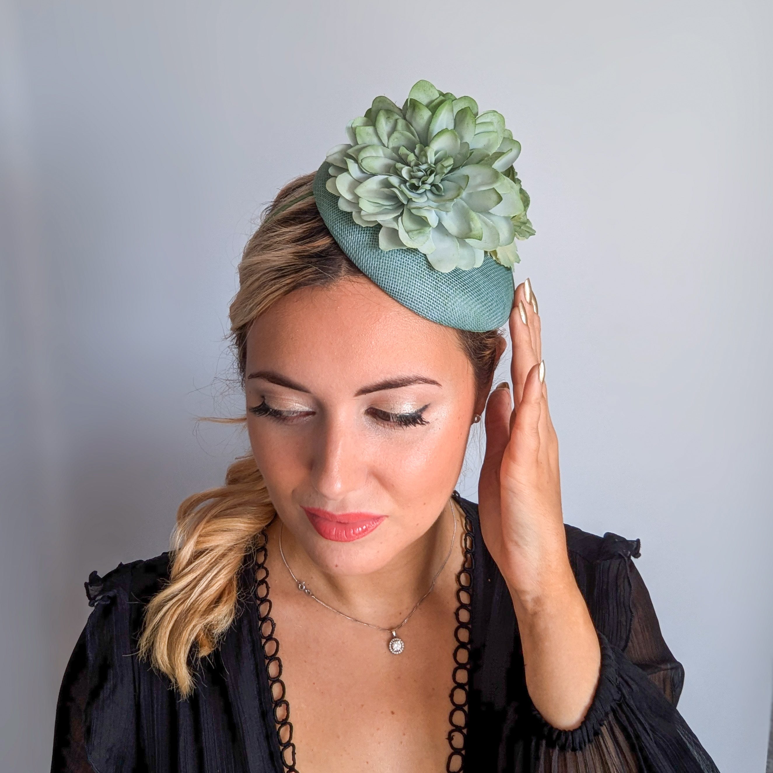 Sage green ombre flower fascinator hat