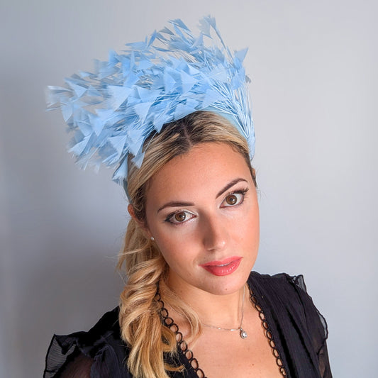 Light cornflower blue feather padded velvet headband fascinator