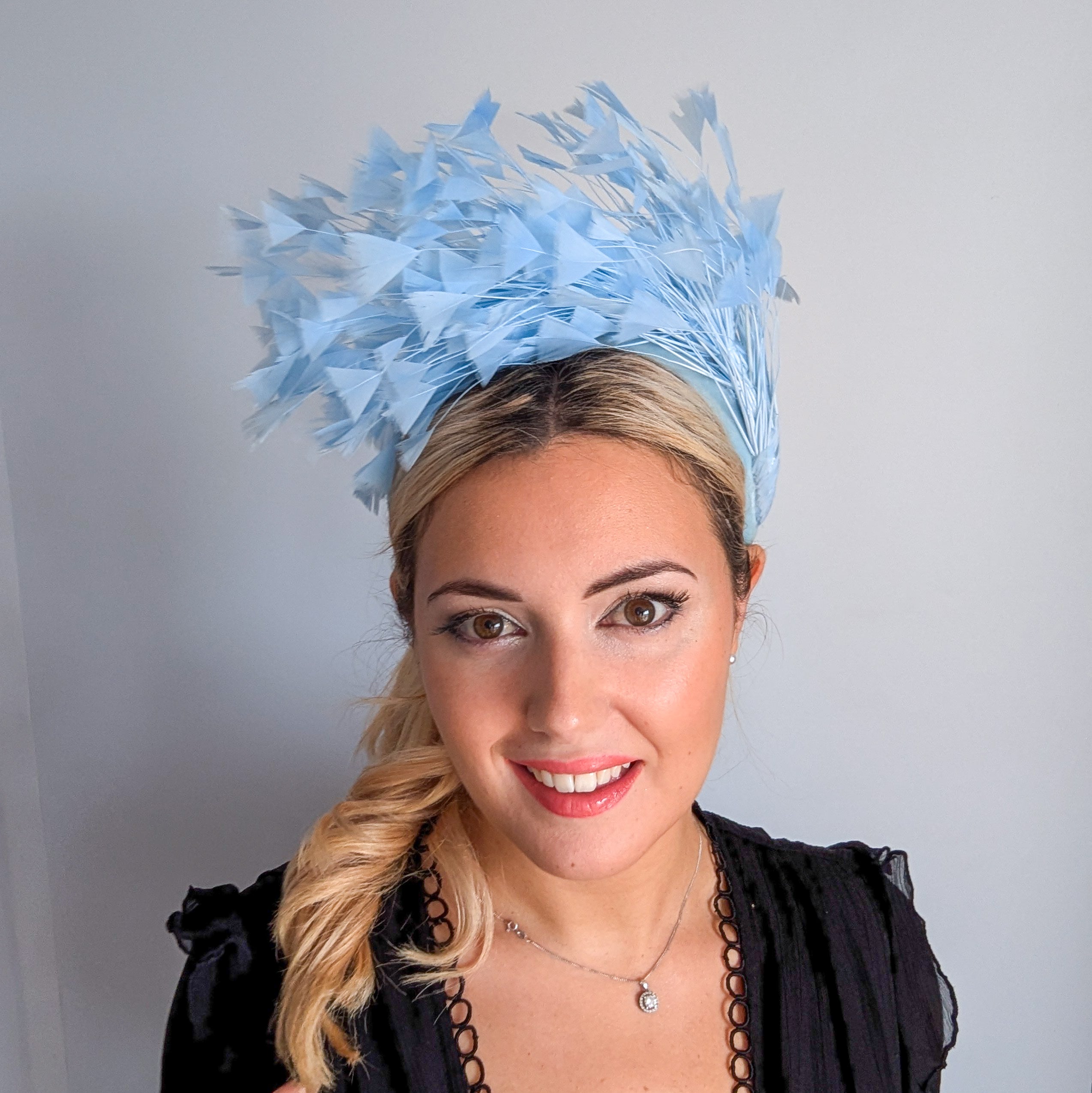 Light cornflower blue feather padded velvet headband fascinator