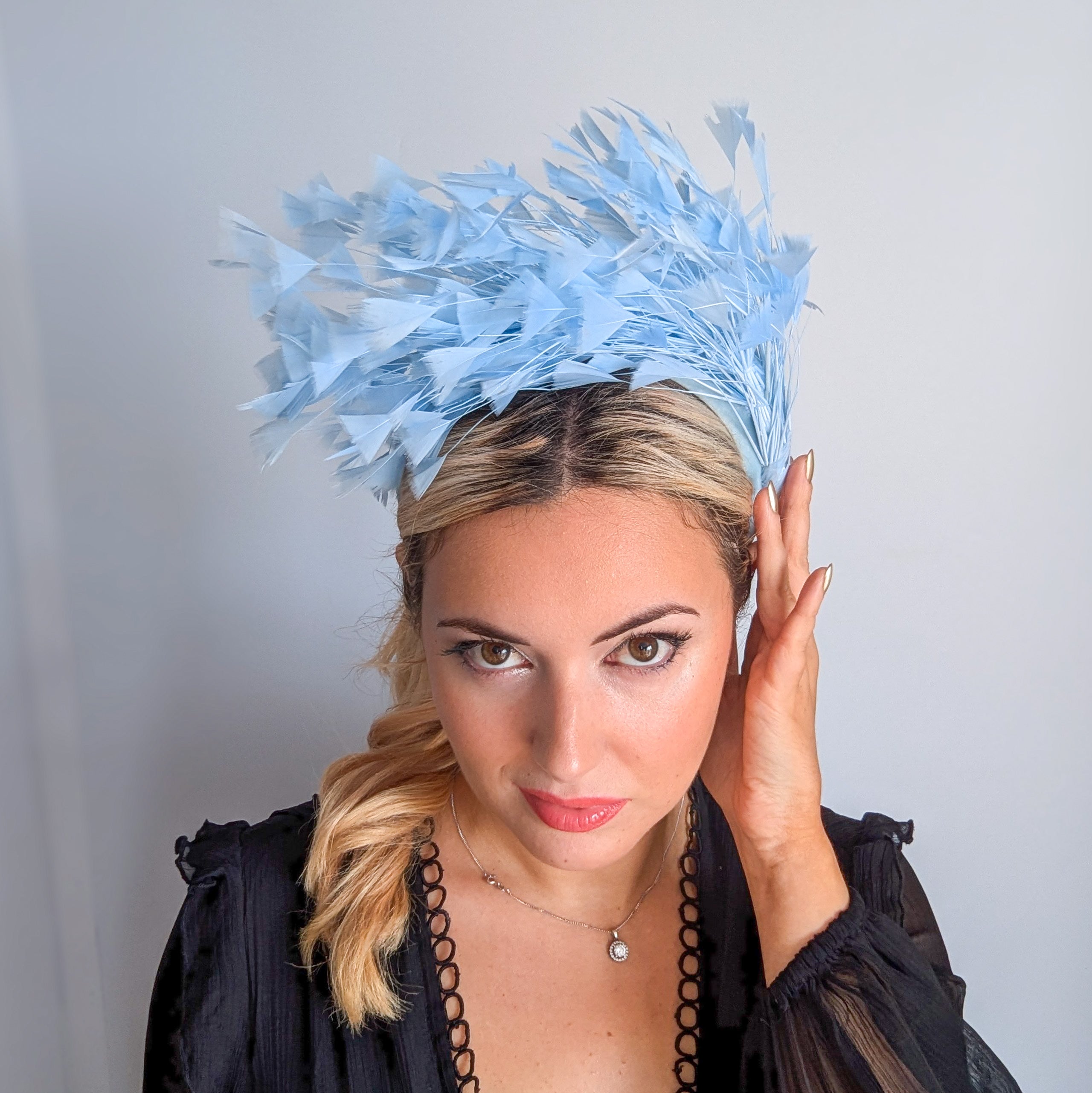 Light cornflower blue feather padded velvet headband fascinator