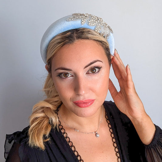 Light baby blue crystal padded velvet headband fascinator