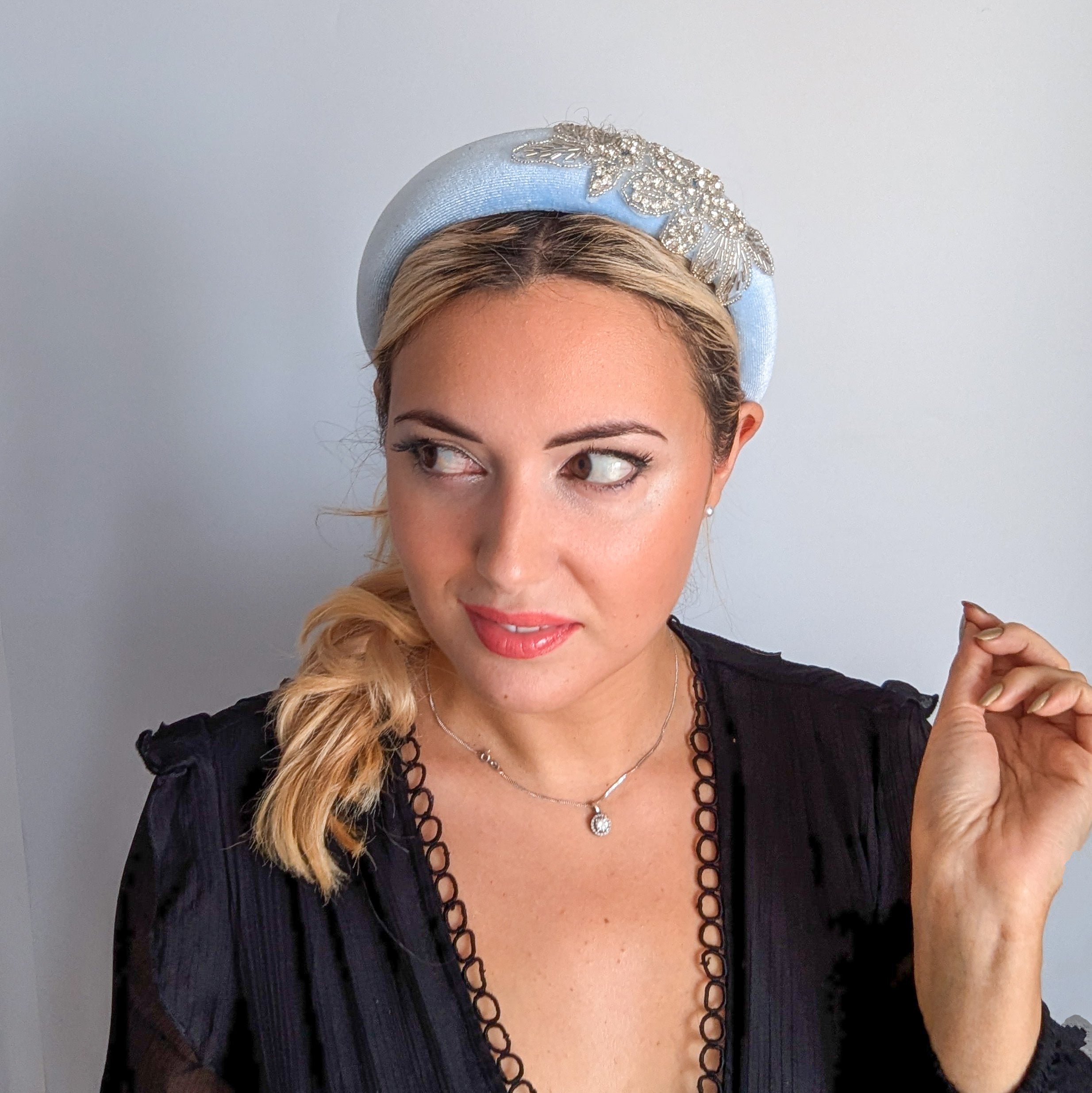Light baby blue crystal padded velvet headband fascinator