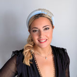 Light baby blue crystal padded velvet headband fascinator