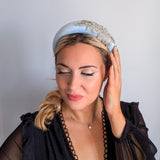 Light baby blue crystal padded velvet headband fascinator
