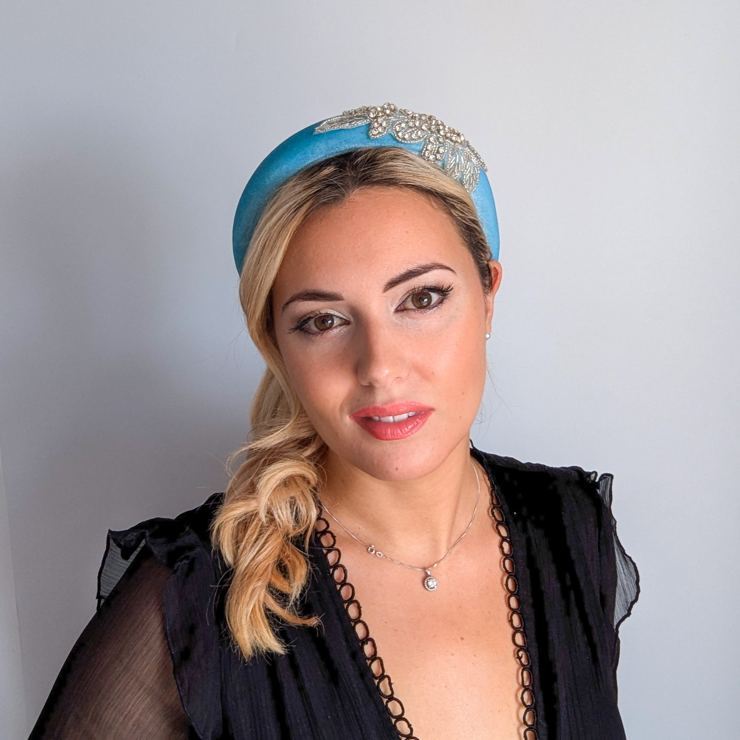 Sky blue crystal padded velvet headband fascinator
