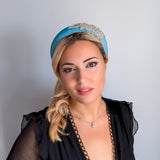Sky blue crystal padded velvet headband fascinator