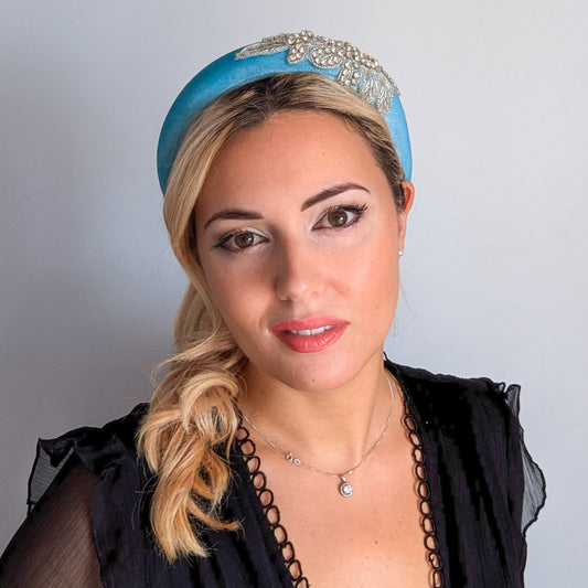 Sky blue crystal padded velvet headband fascinator