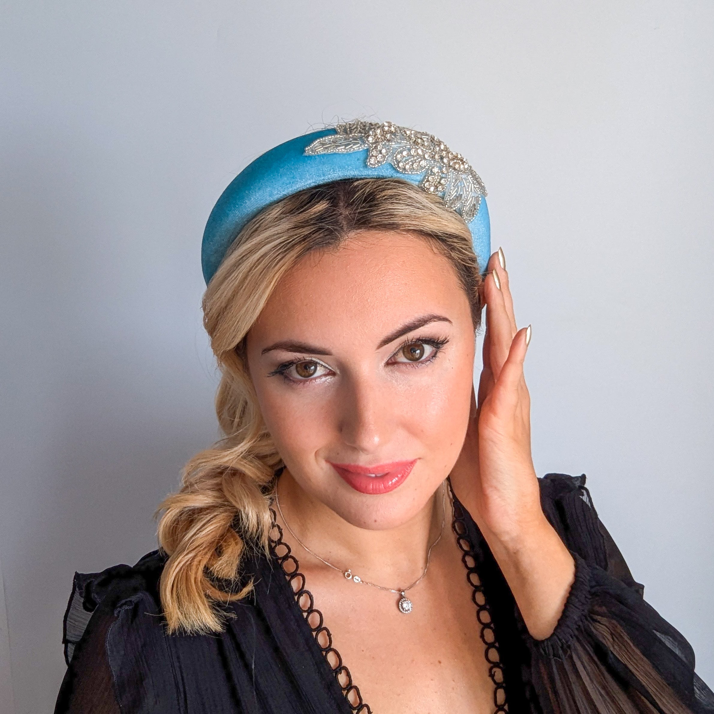 Sky blue crystal padded velvet headband fascinator