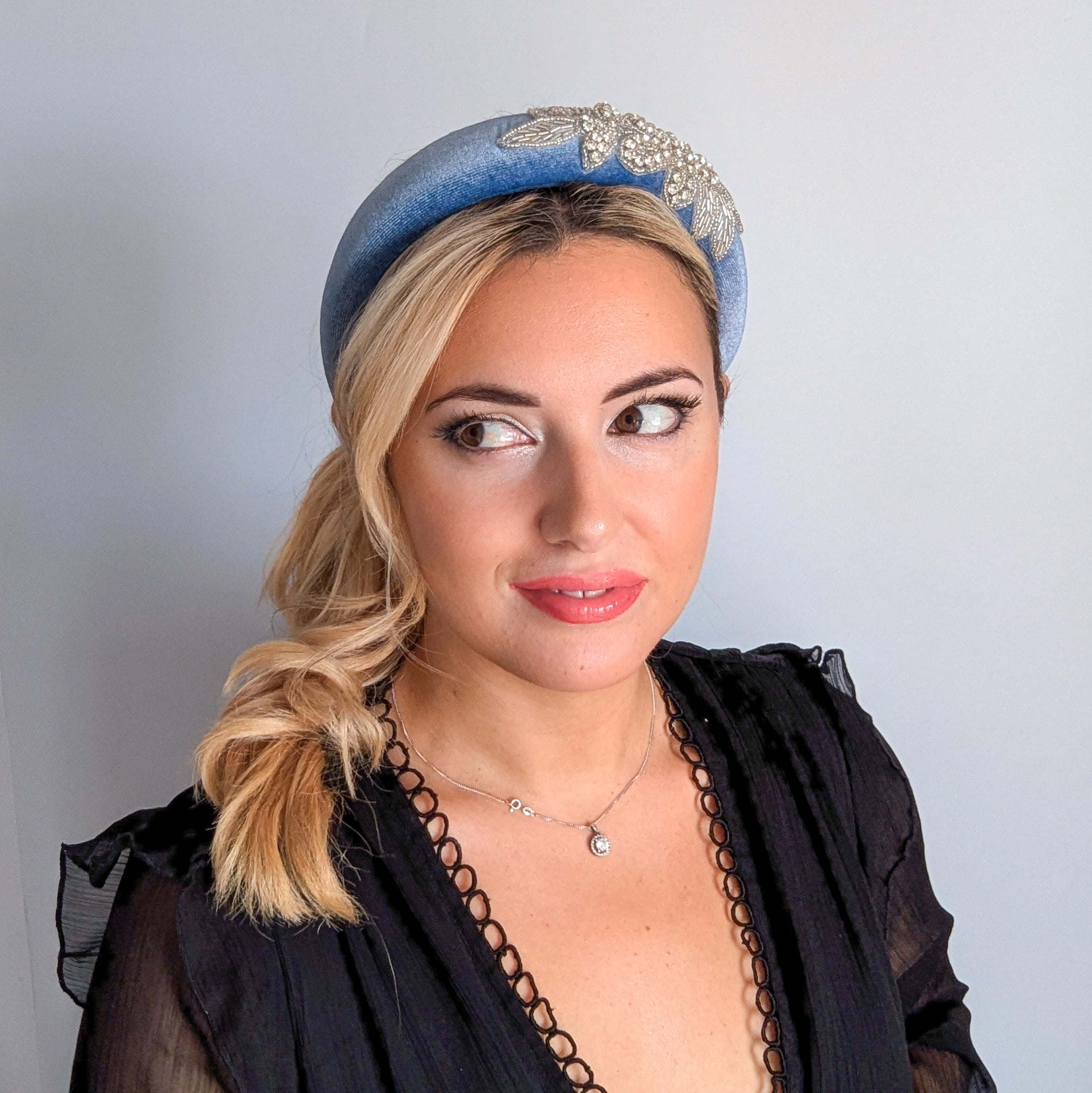 Dusty purple crystal padded velvet headband fascinator