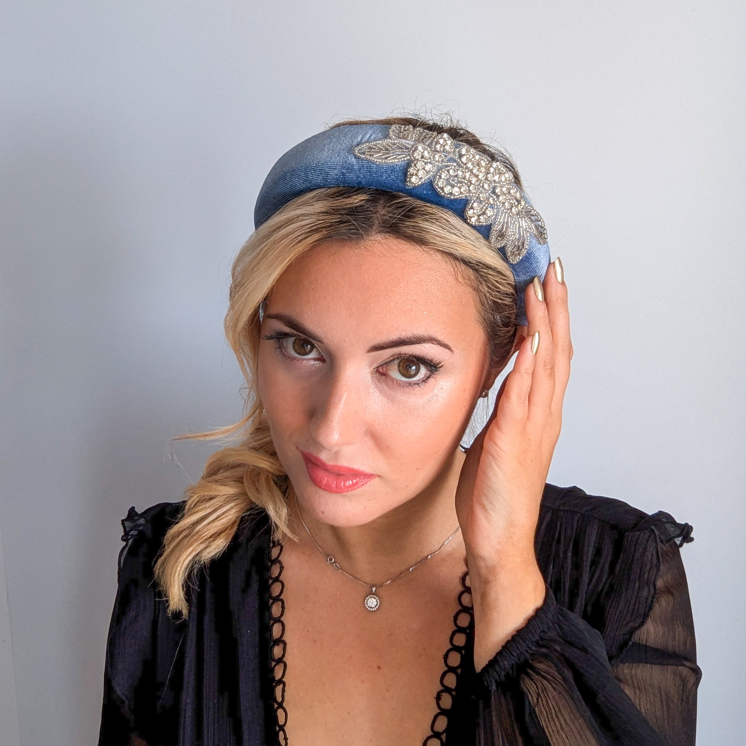 Dusty purple crystal padded velvet headband fascinator