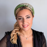 Sage green crystal padded velvet headband fascinator