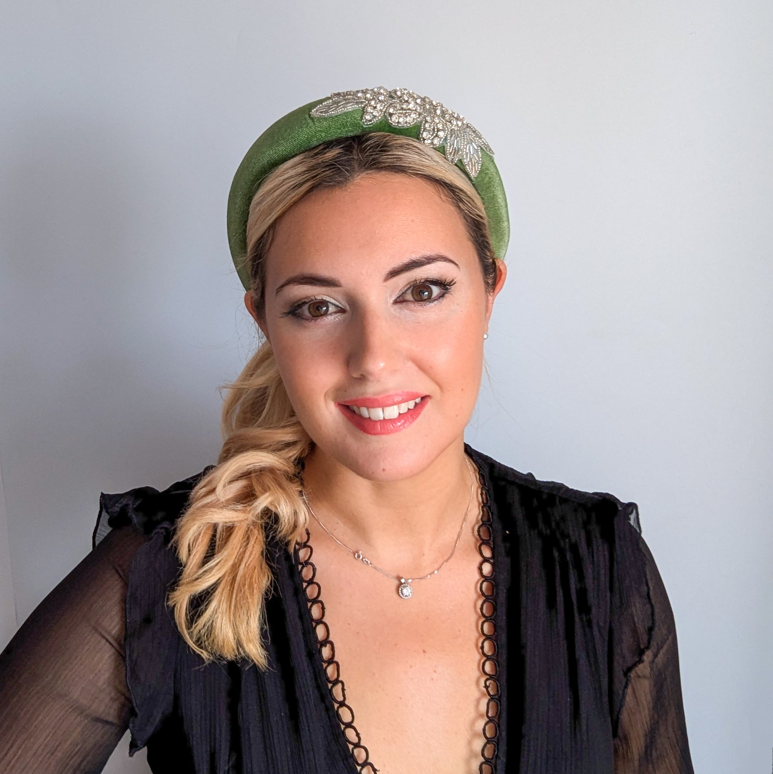 Sage green crystal padded velvet headband fascinator
