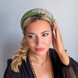 Sage green crystal padded velvet headband fascinator