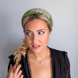 Sage green crystal padded velvet headband fascinator
