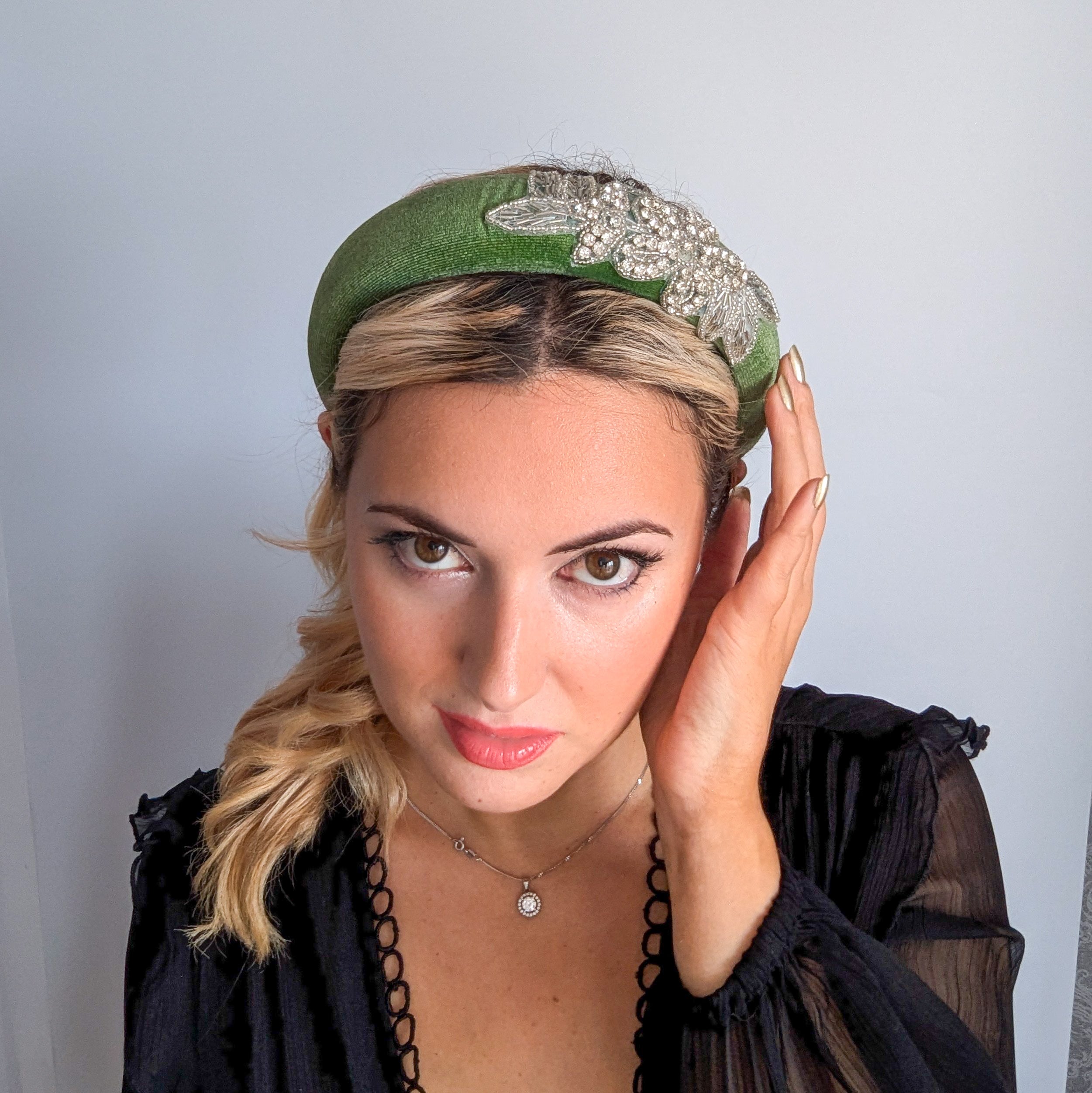 Sage green crystal padded velvet headband fascinator