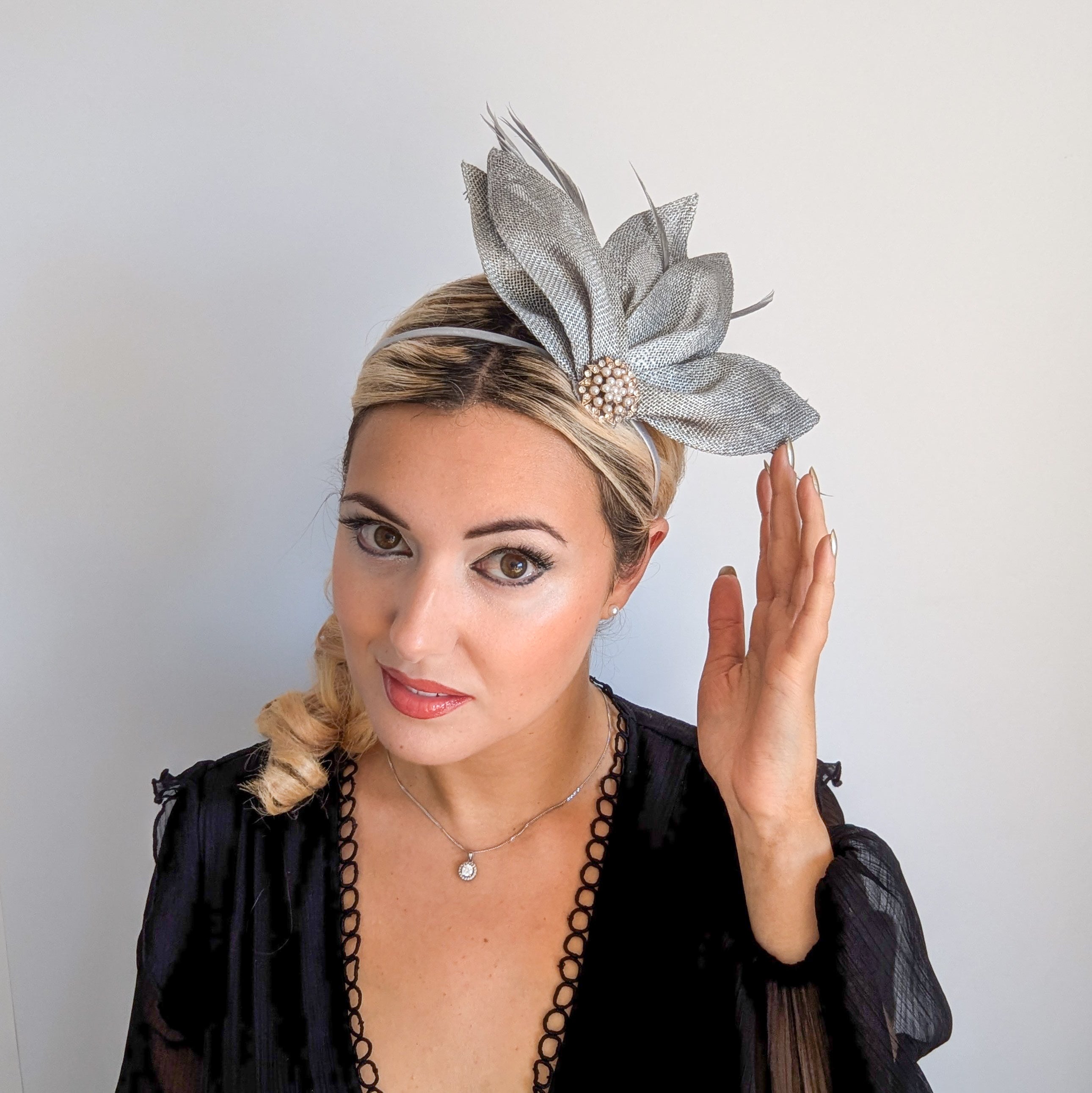Silver shimmer feather petal fan fascinator hat