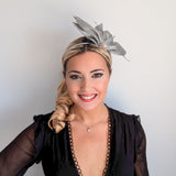 Silver shimmer feather petal fan fascinator hat