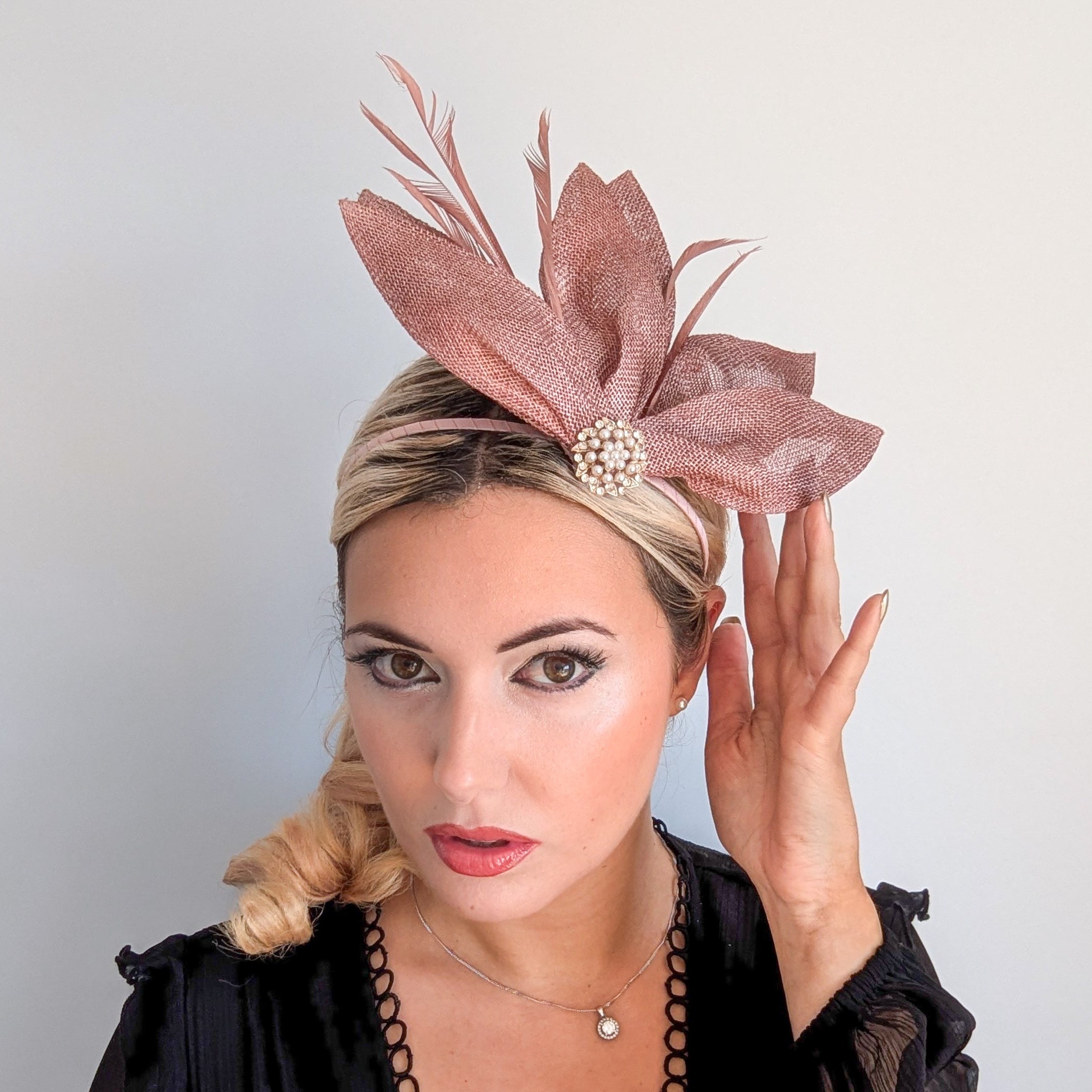 Rose gold shimmer feather petal fan fascinator hat