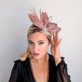Rose gold shimmer feather petal fan fascinator hat