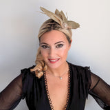 Gold shimmer feather petal fan fascinator hat