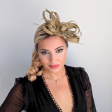 Gold shimmer crystal feather fascinator hat