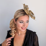 Gold shimmer crystal feather fascinator hat