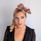 Rose gold shimmer crystal feather fascinator hat